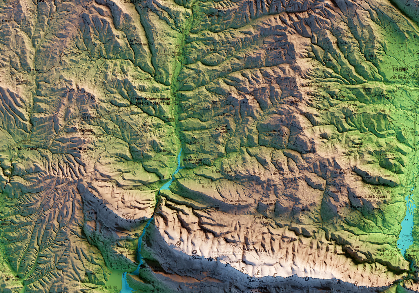 Detall del mapa imprès que inclou tota la Serra del Montsec, que inclou Montsec de l'Estall, Montsec d'Ares i Montsec de Rúbies (o de Meià). El mapa es presenta en un estil minimalista i elegant, amb un detallat modelatge d'elevacions terrestres mapa imprès que abasta tota la Serra del Montsec, que inclou Montsec de l'Estall, Montsec d'Ares i Montsec de Rúbies (o de Meià). El mapa es presenta en un estil minimalista i elegant, amb un detallat modelatge d'elevacions terrestres.