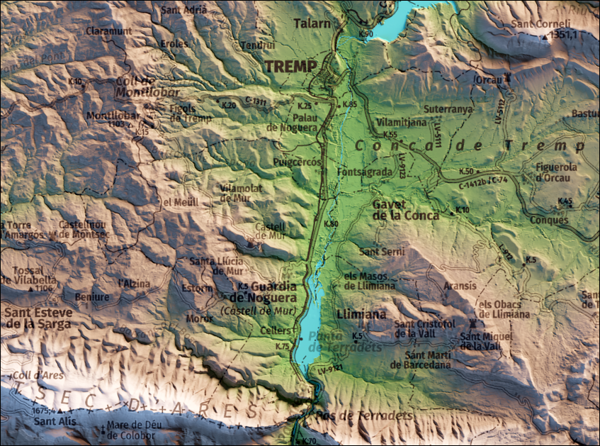 Detall de la zona de Tremp. Mapa imprès que inclou tota la Serra del Montsec, que inclou Montsec de l'Estall, Montsec d'Ares i Montsec de Rúbies (o de Meià). El mapa es presenta en un estil minimalista i elegant, amb un detallat modelatge d'elevacions terrestres mapa imprès que abasta tota la Serra del Montsec, que inclou Montsec de l'Estall, Montsec d'Ares i Montsec de Rúbies (o de Meià). El mapa es presenta en un estil minimalista i elegant, amb un modelat detallat d'elevacions terrestres.