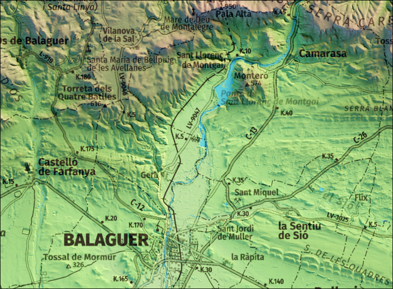 Detall de la zona de Balaguer. Mapa imprès que inclou tota la Serra del Montsec, que inclou Montsec de l'Estall, Montsec d'Ares i Montsec de Rúbies (o de Meià). El mapa es presenta en un estil minimalista i elegant, amb un detallat modelatge d'elevacions terrestres mapa imprès que abasta tota la Serra del Montsec, que inclou Montsec de l'Estall, Montsec d'Ares i Montsec de Rúbies (o de Meià). El mapa es presenta en un estil minimalista i elegant, amb un modelat detallat d'elevacions terrestres.