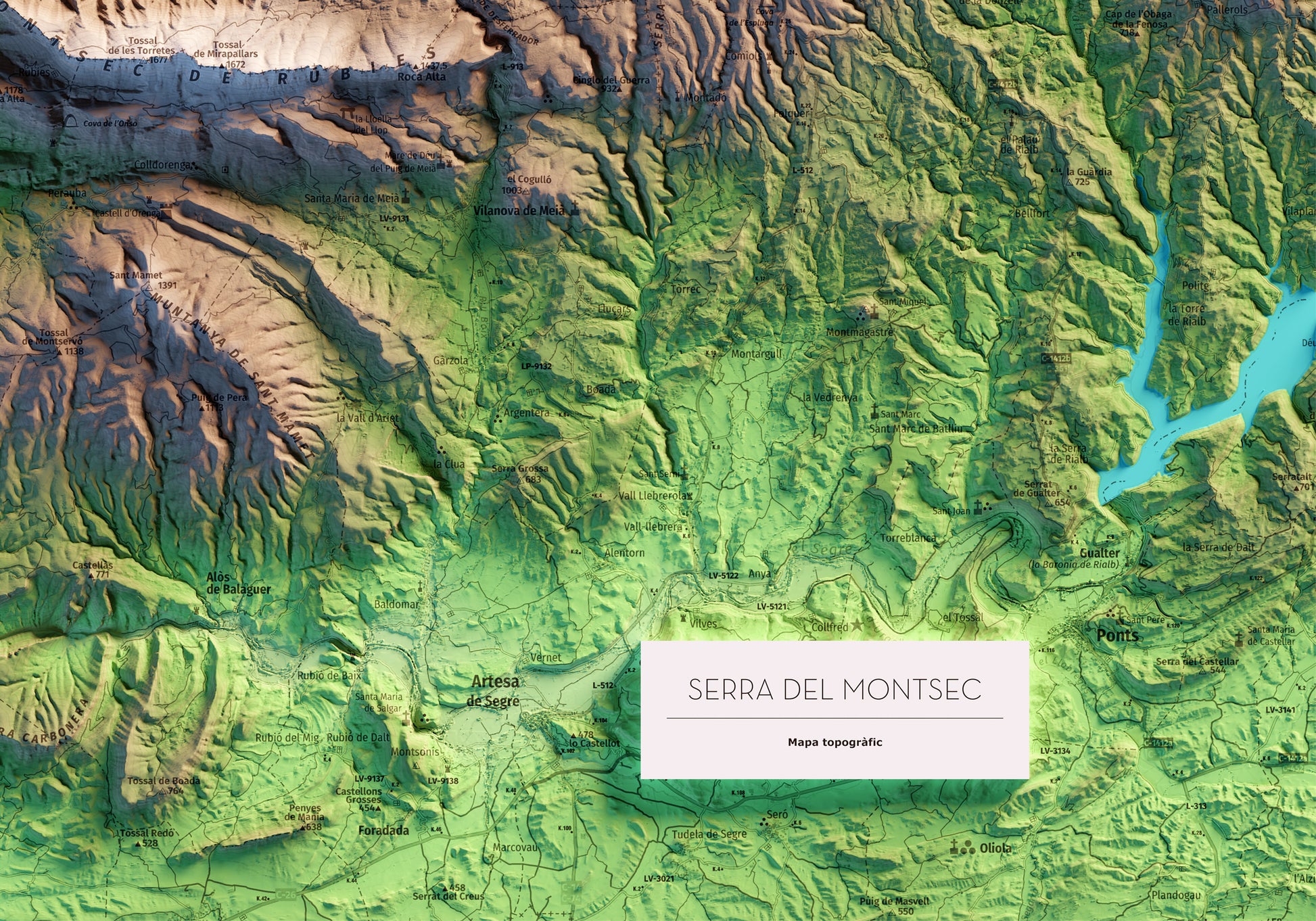 Detall del mapa imprès que inclou tota la Serra del Montsec, que inclou Montsec de l'Estall, Montsec d'Ares i Montsec de Rúbies (o de Meià). El mapa es presenta en un estil minimalista i elegant, amb un detallat modelatge d'elevacions terrestres mapa imprès que abasta tota la Serra del Montsec, que inclou Montsec de l'Estall, Montsec d'Ares i Montsec de Rúbies (o de Meià). El mapa es presenta en un estil minimalista i elegant, amb un detallat modelatge d'elevacions terrestres.