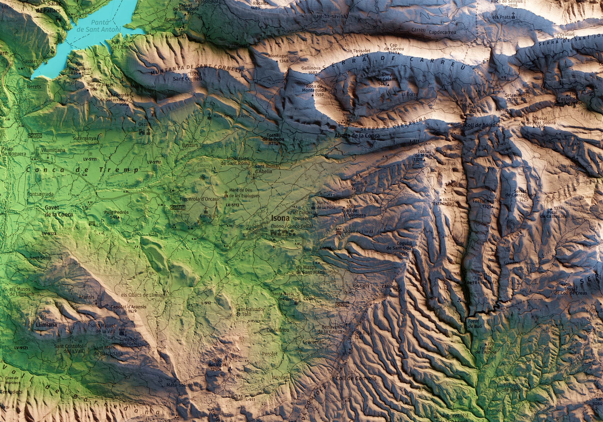 Detall del mapa imprès que inclou tota la Serra del Montsec, que inclou Montsec de l'Estall, Montsec d'Ares i Montsec de Rúbies (o de Meià). El mapa es presenta en un estil minimalista i elegant, amb un detallat modelatge d'elevacions terrestres mapa imprès que abasta tota la Serra del Montsec, que inclou Montsec de l'Estall, Montsec d'Ares i Montsec de Rúbies (o de Meià). El mapa es presenta en un estil minimalista i elegant, amb un detallat modelatge d'elevacions terrestres.