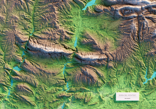 Mapa imprès que inclou tota la Serra del Montsec, que inclou Montsec de l'Estall, Montsec d'Ares i Montsec de Rúbies (o de Meià). El mapa es presenta en un estil minimalista i elegant, amb un detallat modelatge d'elevacions terrestres mapa imprès que abasta tota la Serra del Montsec, que inclou Montsec de l'Estall, Montsec d'Ares i Montsec de Rúbies (o de Meià). El mapa es presenta en un estil minimalista i elegant, amb un modelat detallat d'elevacions terrestres.