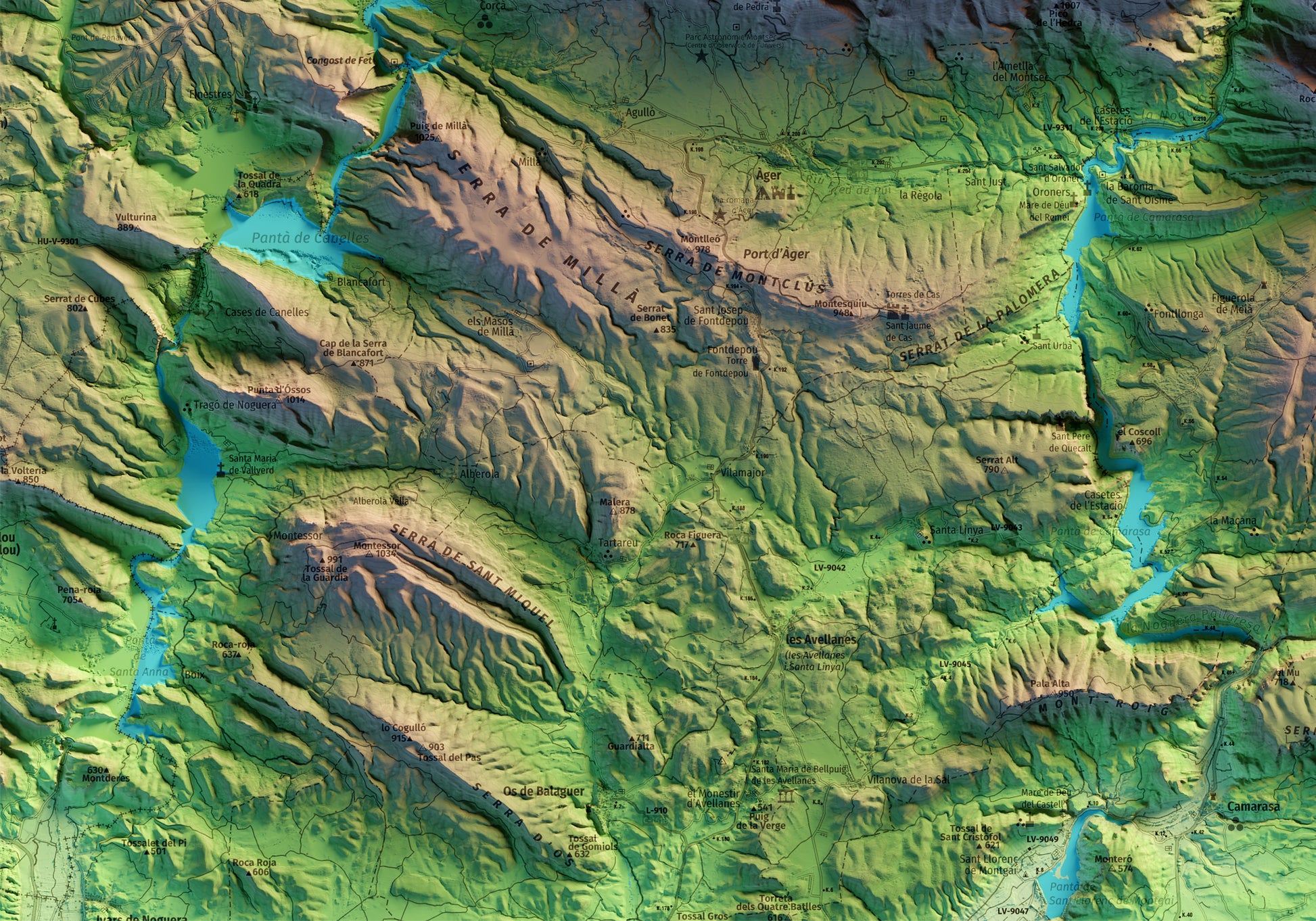 Detall del mapa imprès que inclou tota la Serra del Montsec, que inclou Montsec de l'Estall, Montsec d'Ares i Montsec de Rúbies (o de Meià). El mapa es presenta en un estil minimalista i elegant, amb un detallat modelatge d'elevacions terrestres mapa imprès que abasta tota la Serra del Montsec, que inclou Montsec de l'Estall, Montsec d'Ares i Montsec de Rúbies (o de Meià). El mapa es presenta en un estil minimalista i elegant, amb un detallat modelatge d'elevacions terrestres.